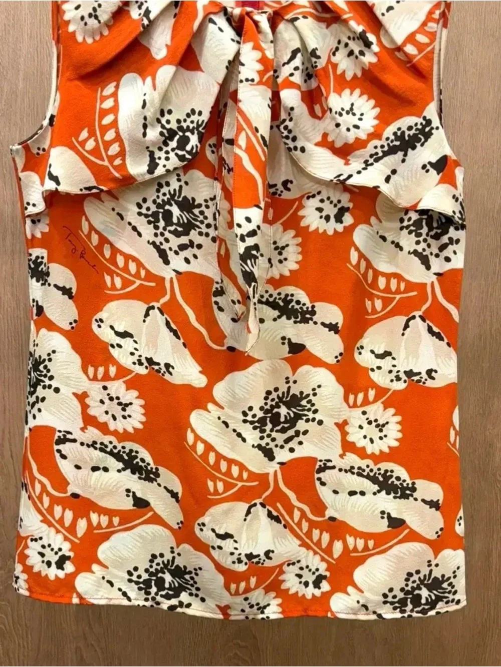 Tory Burch Orange Floral Sleeveless Tie-Neck Top 100% silk